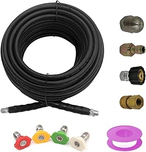 Momaji Sewer Jetter Kit for Pressure Washer Hose, 75 FT Water Garden Hose,1/4 Inch NPT,Power Washer 4000 PSI! The Pressure Washer Kit Comes with a Variety of Pressure Washer Accessories & a Tool kit