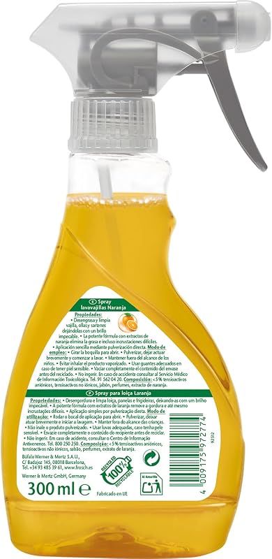 Spray Lavavajillas Naranja Pack 8x300ml - Limpiador Desengrasante con Extractos Naturales - Elimina Grasa e Incrustaciones