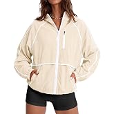 Fisoew Womens Athletic Jackets Lightweight Workout Running Hooded Jacket | Zip Up, Side Pockets, Hiking, Active, Windbreaker, Outdoor, All Season, Casual, Street, Trendy, Fall, Sun Protection