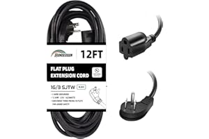 HONDERSON Flat Plug Indoor Extension Cord, UL Listed, 16 Gauge 12FT Black 3 Prong Heavy Duty, 16/3 SJTW 13A Power Cord for Lights, Appliances, Home