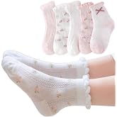 YPNMR 5 Pairs Girls' Thin Floral Strawberries Crew Socks with Ruffled Top for Spring Autumn Summer
