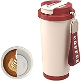 18 oz Insulated Coffee Mug with Straw and Lid, Durable Stainless Steel Coffee Cups with Strap, Reusable Iced&Hot Coffee Tumbler,Portable Coffee Travel Mug for Car, Camping(Retro Red)