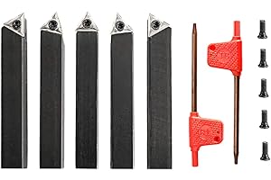 Toolly 5 Pieces 3/8 Inch Mini Lathe Indexable Carbide Insert Bit Tool Set for Turning, Cutting, Facing, Boring and Chamfering