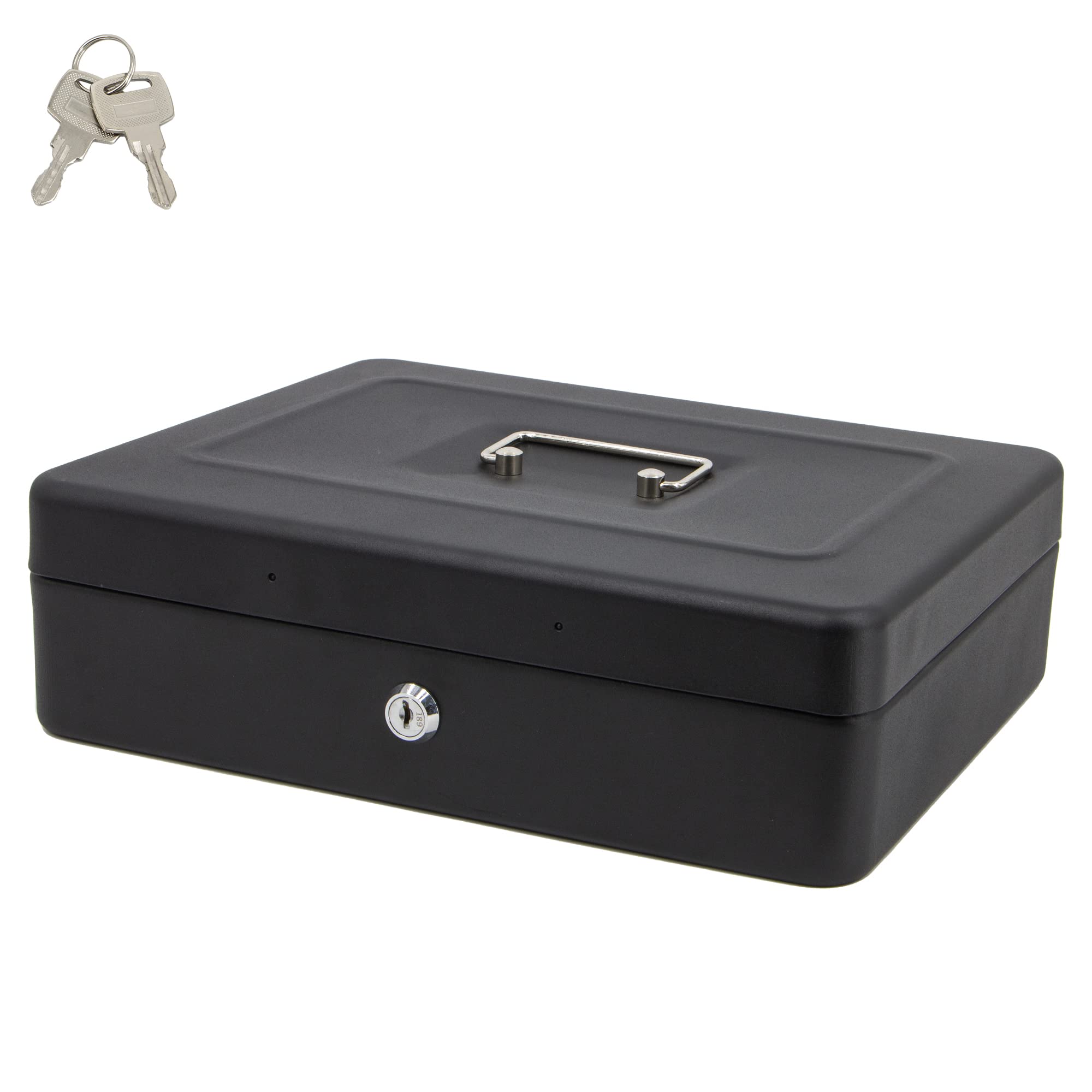 Time to Sparkle 12 inch Small Lock Box Money Safe with Tray for Cash Metal Saving Box Lock and Key with Stainless Steel Handle 22 * 30 * 9cm Matt Black