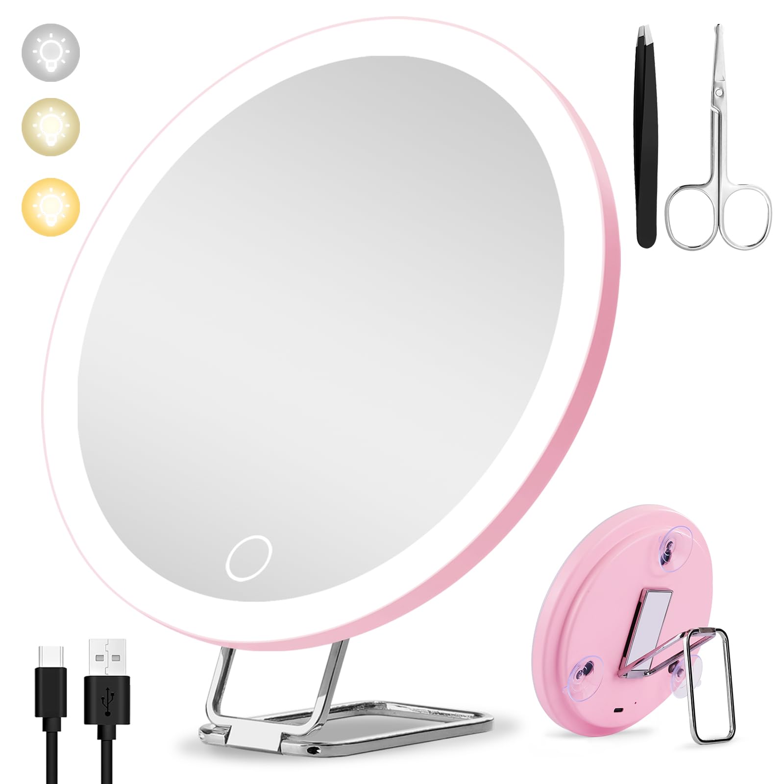 Suupvaor Magnifying Mirror with Light 20X, Travel Makeup Mirror with Magnification, 3 Colors Dimmable Light For Make up, Large 15cm, Rechargeable, With Tweezers & Scissors