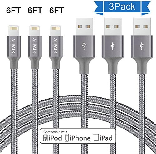 iPhone Charger, ALIWIKI 3Pack 6Feet Nylon Braided Lightning Cable USB Syncing and Fast Charging Cable Cord for iPhone X/8/7/7 Plus/6s/6s Plus/6/6Plus/5/5S/5C/SE/iPad and iPod (Gray)