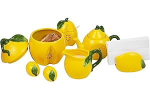 Maison Sucasa 7pc Lemon Kitchen Set, Includes Teapot, Creamer, Sugar Bowl & Spoon, Napkin Holder, Salt & Pepper Shakers and a Cookie Jar, Ceramic, Set of 7, Yellow
