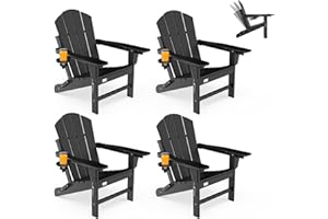 Mdeam Folding Adirondack Chairs set of 4 Adjustable Backrest with Cup Holder, Fire Pit Chairs,HDPE All Weather for Patio Lawn Outdoor, Black