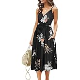 OUGES Women's Summer Spaghetti Strap V-Neck Floral Short Party Dress with Pockets