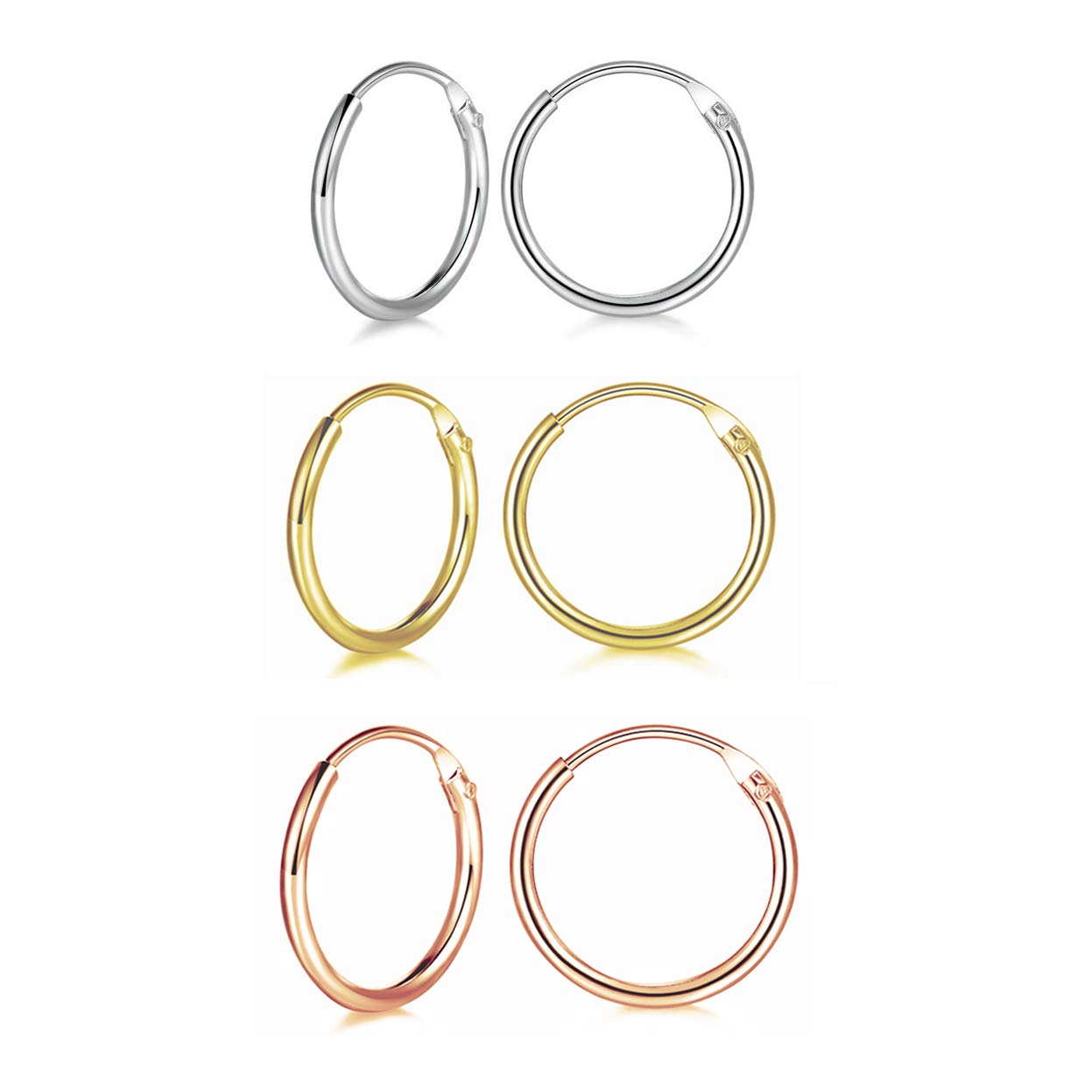 wynn's Silver Hoop Earrings Set, 3 Pairs 925 Sterling Silver Gold Cartilage Small Endless Hoop Earrings Set, 14mm Hypoallergenic Silver Gold Huggie Hoop Sleeper Earrings Nose Lip Rings for Women Men