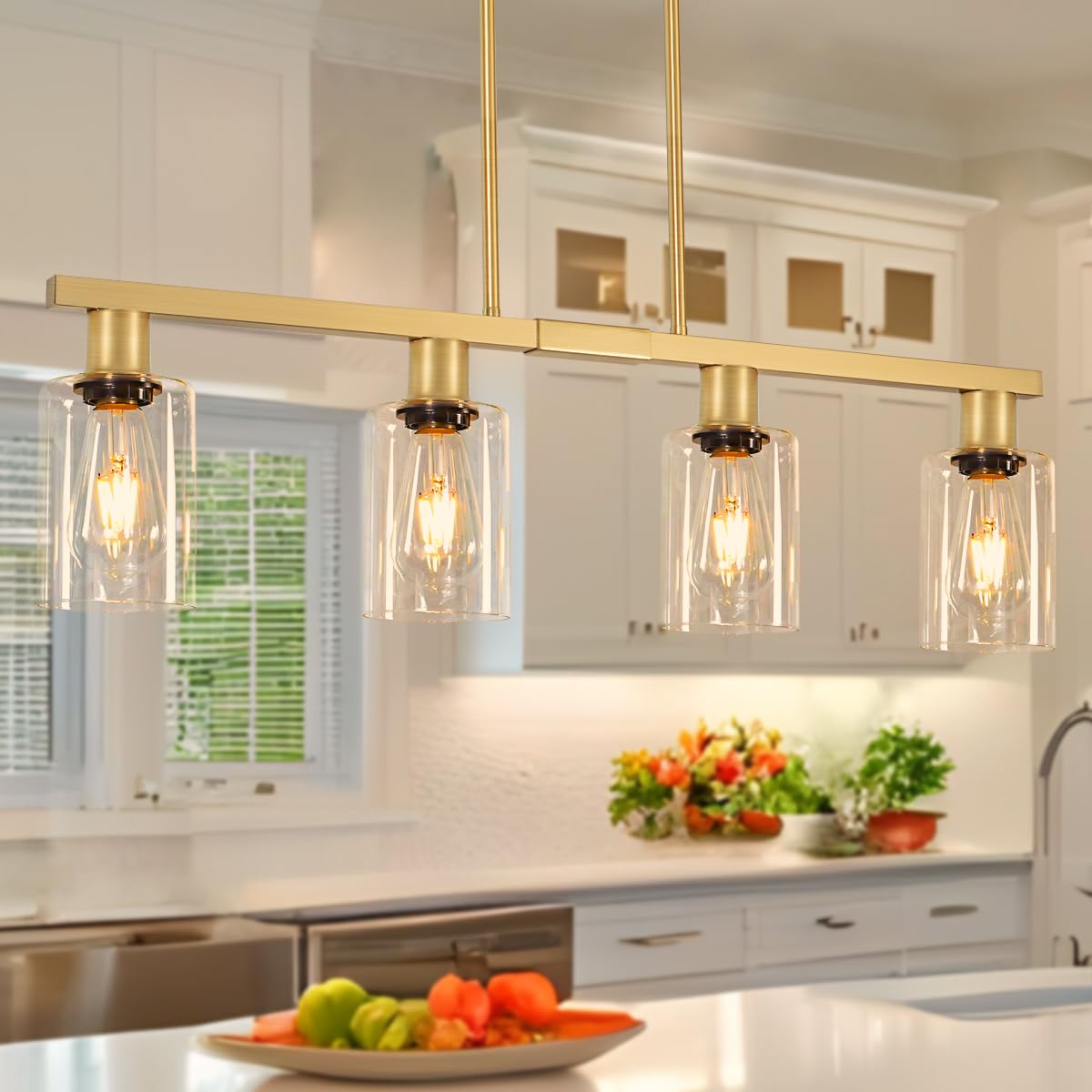 Photo 1 of 4-Light Kitchen Island Lighting, Gold Dining Room Light Fixtures over Table, Island Lights with Glass Shade, Farmhouse Pendant Lights Kitchen Chandelier for Restaurant Bar, Height Adjustable