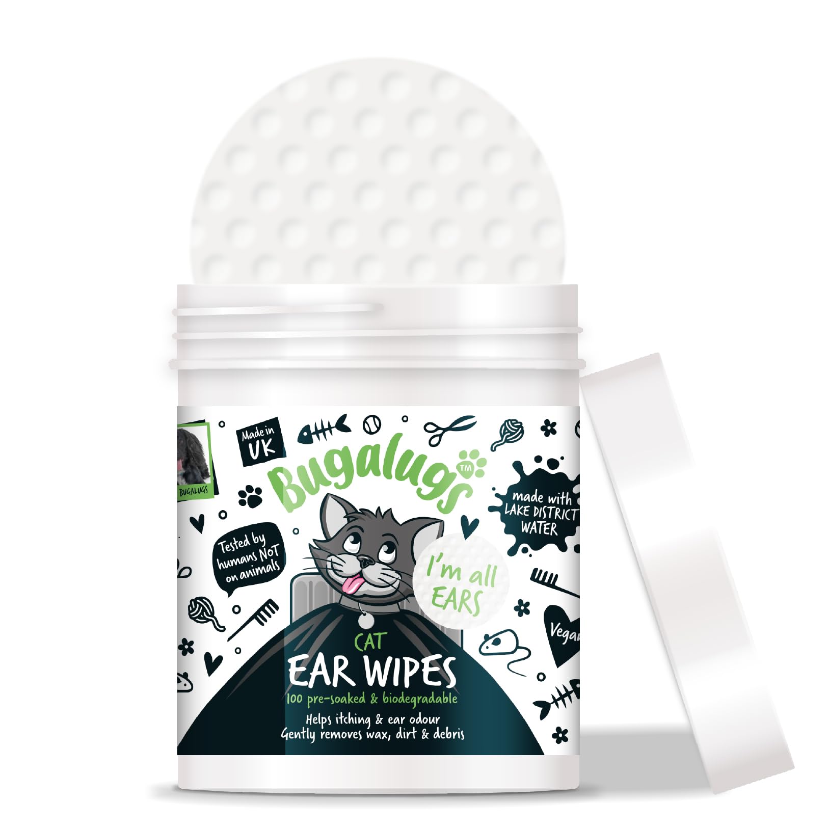 BUGALUGS Cat Ear Cleaner Cat Wipes 100 Biodegradable textured pre-soaked cat ear wipes. Pet Wipes Cat Ear Cleaner Solution Stops Head Shaking, Itching & Waxy Ears (100 Wipes)