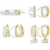 4 Pcs 14K Gold Plated Hoop Earrings for Women - Small Huggie Hoop & Dangle Stack Design, Dainty Hypoallergenic Non Tarnish Jewelry, Trendy CZ Stud & Ear Cuff for Multiple Piercing & Cartilage Valentines Day Gifts