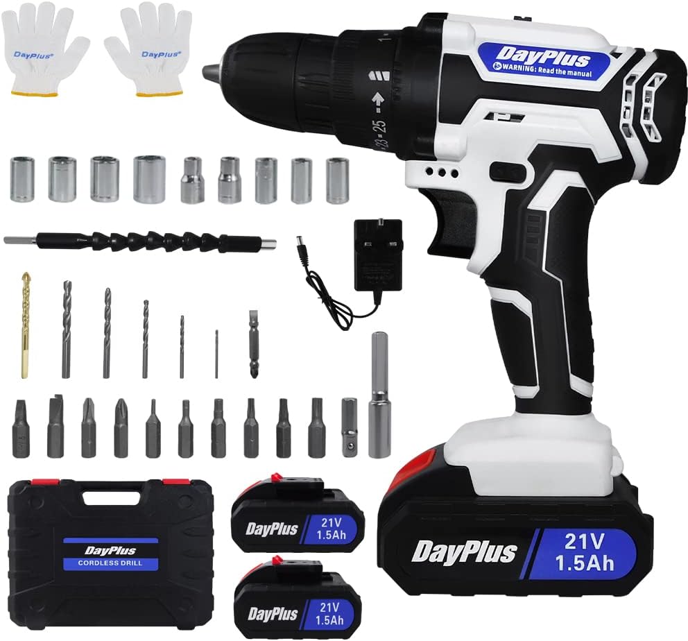Qimu 21V Cordless Drill Set 2 Batteries 26Pcs Bits Kit Box LED Light