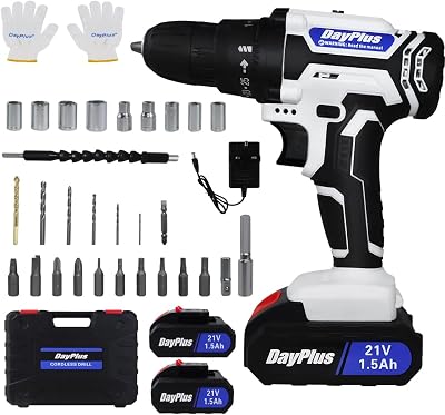 Qimu 21V Cordless Drill Set 2 Batteries 26Pcs Bits Kit Box LED Light