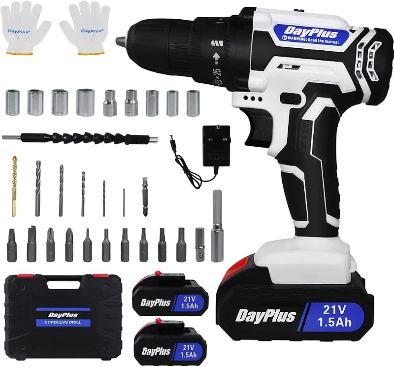 Qimu 21V Cordless Drill Set 2 Batteries 26Pcs Bits Kit Box LED Light