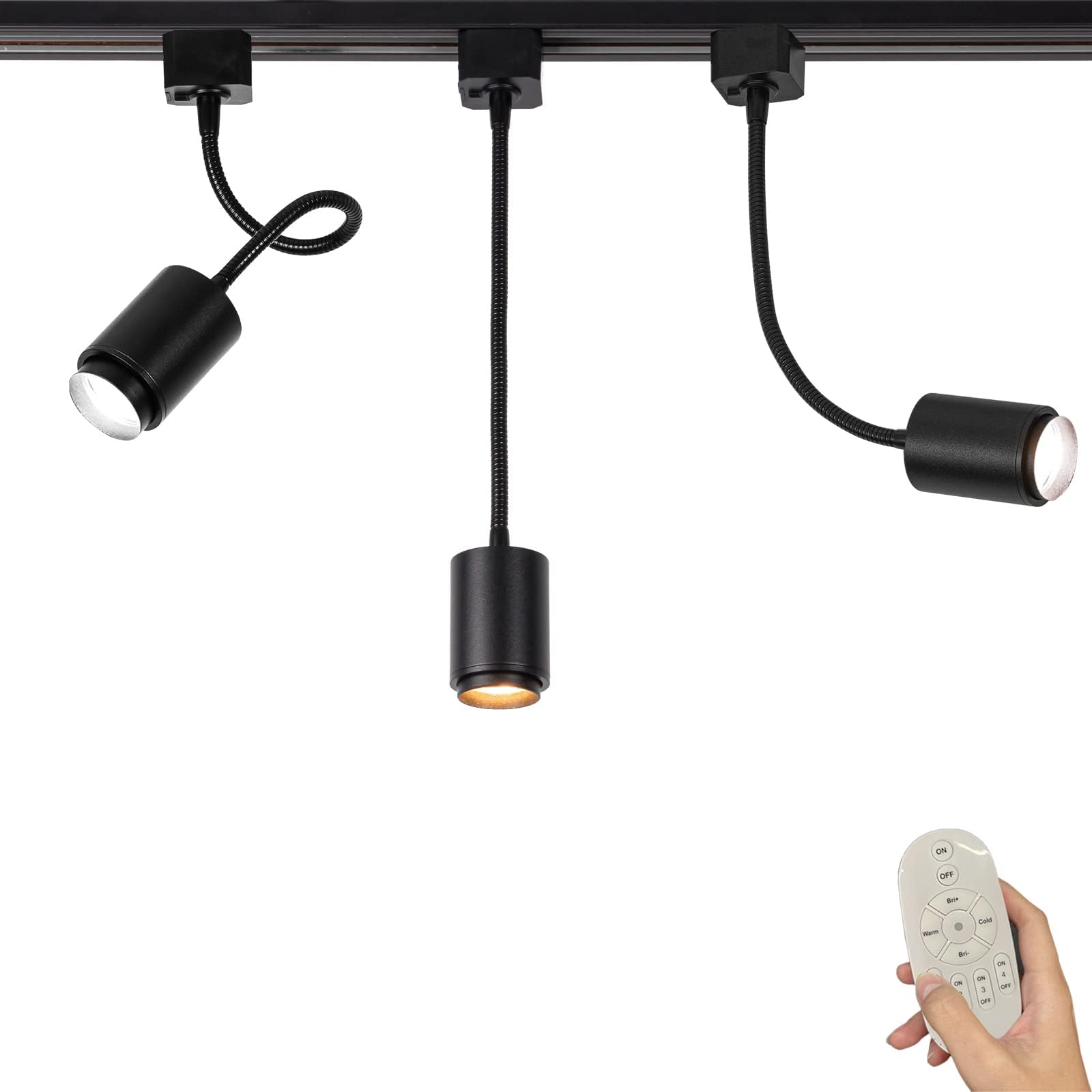 FSLiving Dimmmable Track Light Heads, 3-Light Modern Single Circuit Track Lighting Fixtures with Flexible Gooseneck and Remote, Black Aluminum LED Spotlight for Gallery, Bedroom Track Not Included