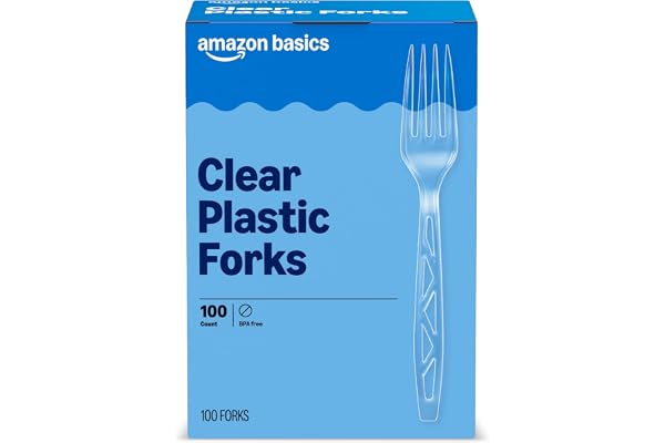 Amazon Basics Disposable Clear Plastic Forks, Premium Quality, 100 Count, Large Pack, Packaging May Vary