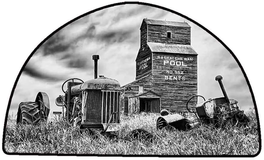 Outdoor Floor Mats Industrial,Old 60s Abandoned Tractor in Farm in Central Canada Nostalgic Machinery Elements Image,Grey,W35 x L24 Half Round Rugs