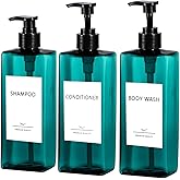 Shampoo and Conditioner Dispenser Set, 3Pack Refillable Shampoo and Conditioner Bottles with Labels, 500ml Soap Dispenser 16.9oz Shower Dispenser Square Pump Bottle for Bathroom and Kitchen - Sea Blue