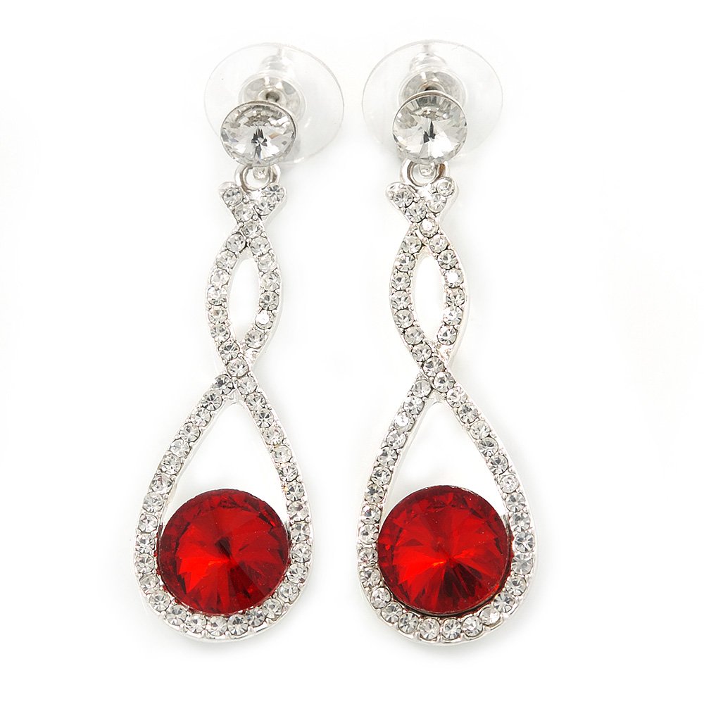 Red/Clear Austrian Crystal Infinity Drop Earrings/Rhodium Plating/ 50mm L