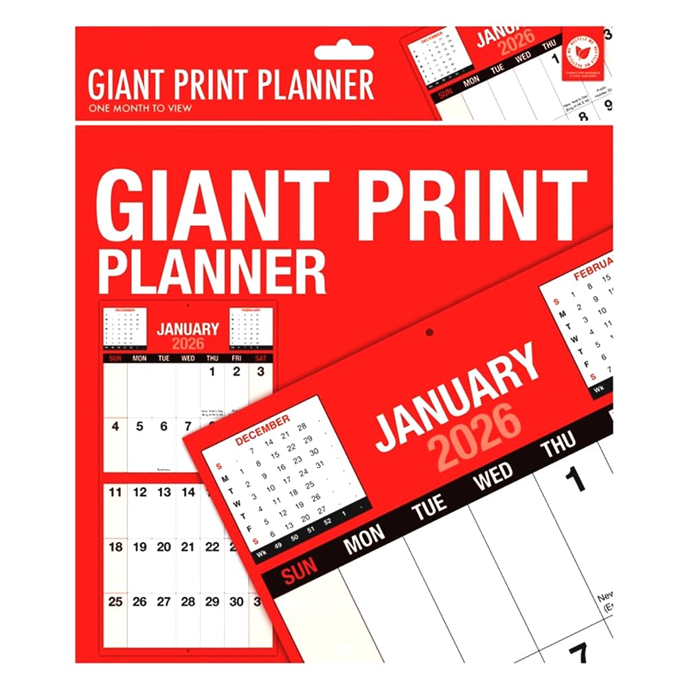 2026 Giant Print Month To View Calendar - Red and Black Wall Planner Hanging Organizer Wall Ideal for Home, Office, School, College