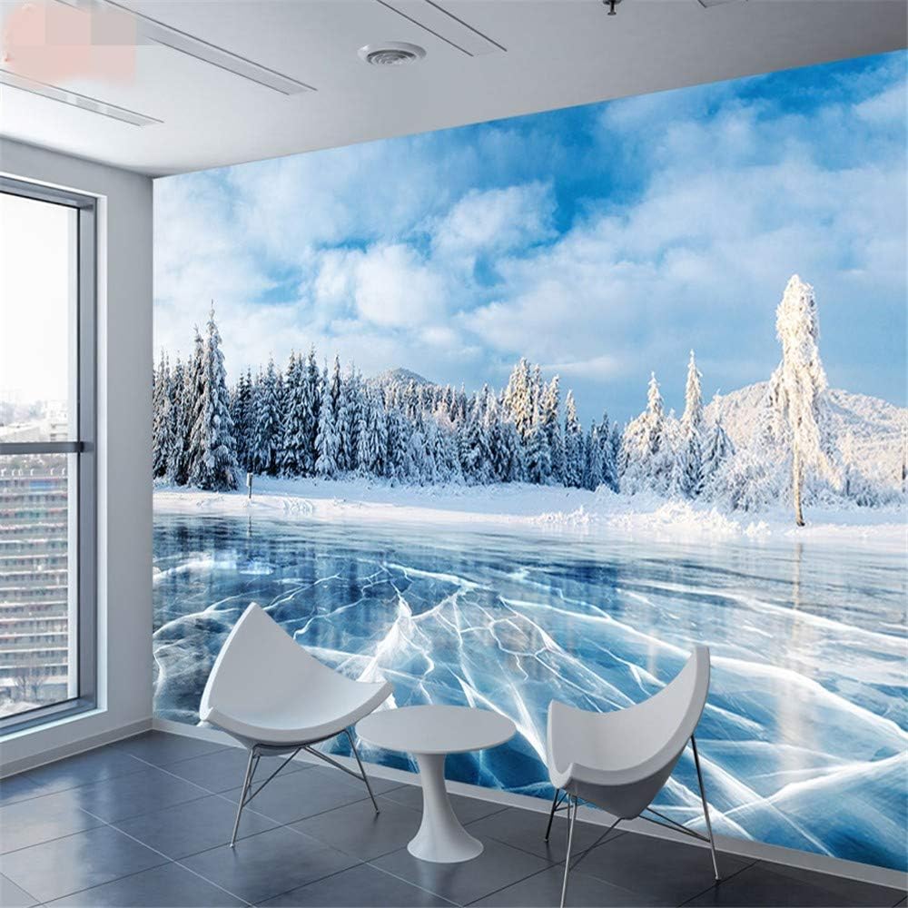BIZL Wall Stickers Wallpaper 3D Winter Frozen Lake Ice and Crack Mountain Pine Tree Blue Sky Wallpaper for Living Room Wallpaper,200 * 140cm,