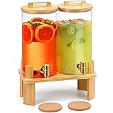 1.5 Gallon 2 PACK Glass Drink dispenser, Beverage Dispenser With Wood Stand, Lemonade Dispenser with Airtight Valve and Stainless Steel Spigot,Drink Dispenser for Parties