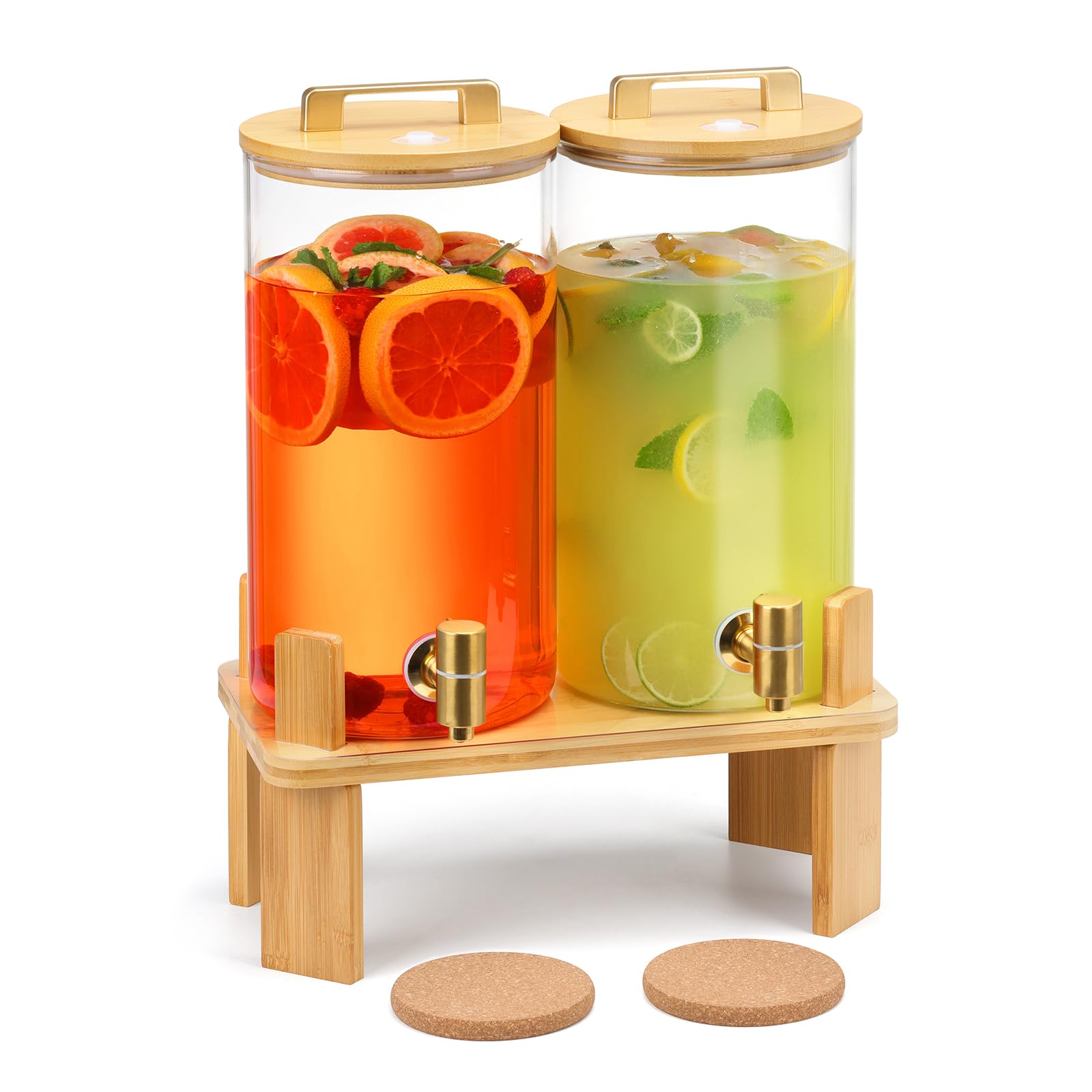 Photo 1 of 1.5 Gallon 2 PACK Glass Drink dispenser, Beverage Dispenser With Wood Stand, Lemonade Dispenser with Airtight Valve and Stainless Steel Spigot,Drink Dispenser for Parties