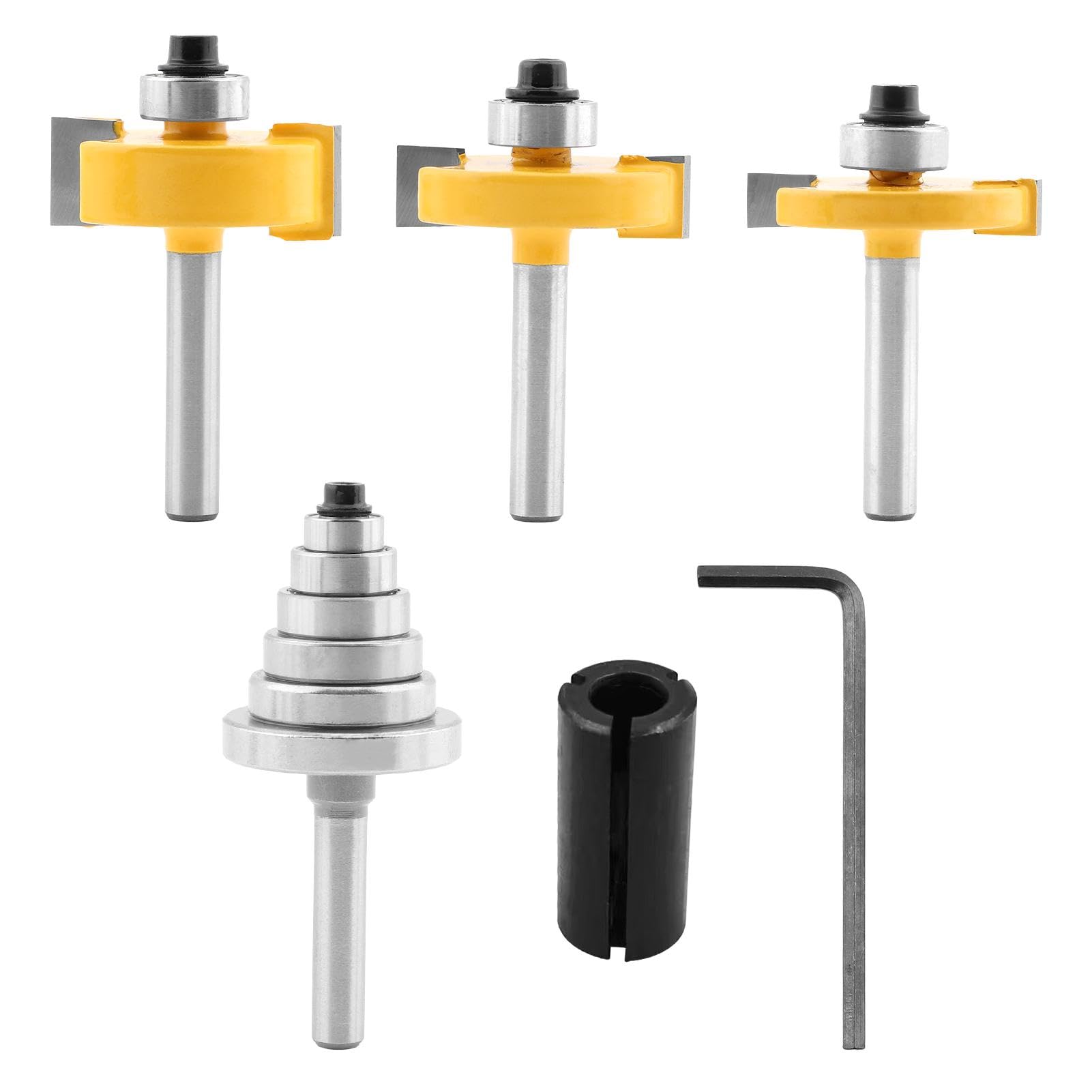 Photo 1 of 1/4 Inch Shank Rabbet Router Bit Set, 3 PCS Rabbeting Router Bit with 6 Bearings Set (1/16", 1/8", 3/16", 1/4", 5/16", 3/8" Bearings), Interchangeable Bearings with 1/4" to 1/2" Router Collet(Yellow)