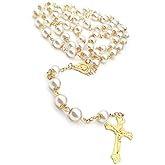 Rosary Beads Catholic for Women Girls, First Holy Communion Rosary Gifts for Girls Catholic, Gold White Rosary Necklace for Women Imitation Pearl Beads Necklace Rosarios Catolicos