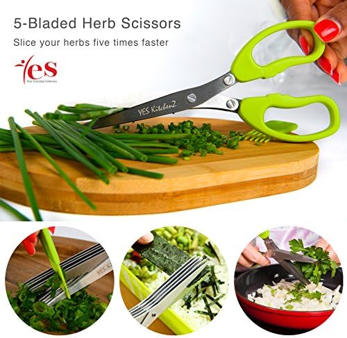 YES KitchenZ 7 in 1 Multifunctional Food Kitchen Shears, 5 Stainless Steel Blades Herb Scissors For Vegetables, Herbs, Garnishes - Incl. 2 Scissors And Cutting Board (3-Piece Set)