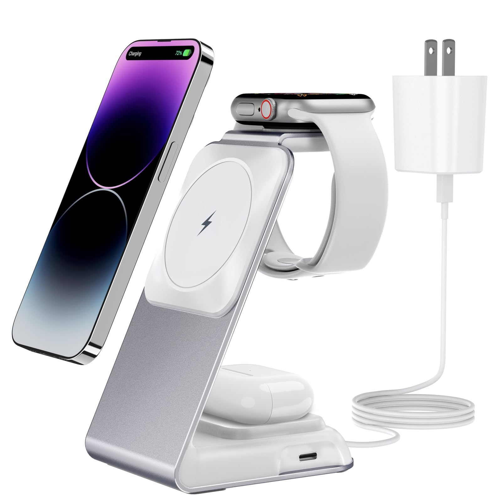 Photo 1 of 4 in 1 Wireless Charging Station for Apple Devices Magsafe Wireless Charger Stand for iPhone Series, Fast Charging Station for Apple Watch and AirPods, 30W PD Adapter Included