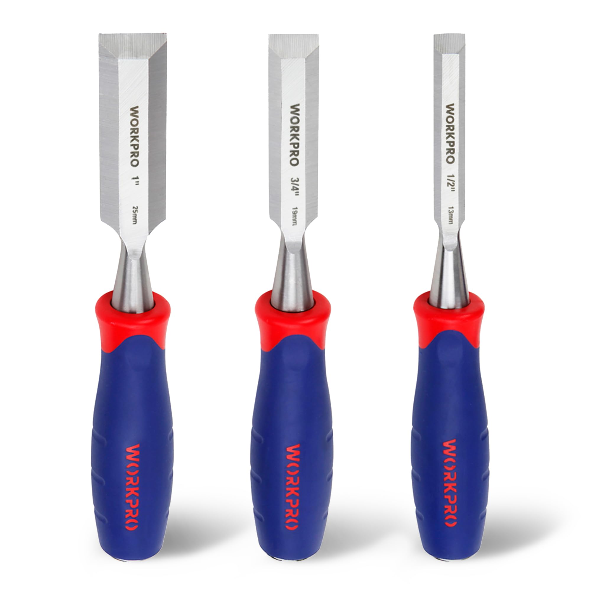 WORKPRO Wood Chisel Set, 3 Pieces Wood Carving Chisels 12 mm, 19 mm, 25 mm, Cr-V Bevel Edge Chisels with Steel Hammer End and Non Slip Handle for Woodworking, Wood Carving and Sculpting