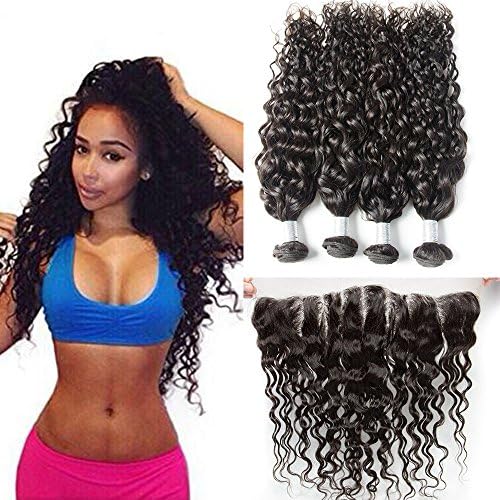Verna Hair 7A Grade Brazilian Water Wave Hair 3 Bundles with Lace Frontal Closure 100% Unprocessed Human Hair Natural Black 95-105g/pc(10 12 14+8 Frontal)