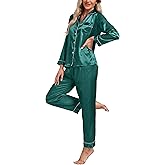 Women's Satin Pajamas Set 2 Piece Pj Set Sleepwear Notch Collar Long Sleeve T-Shirt Button-Down Loungewear with Long Pants