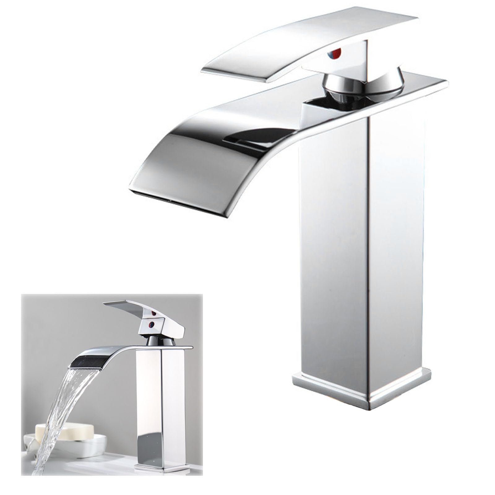 Bathroom Sink Taps, Bathroom Mixer Tap, Waterfall Spout Bathroom Sink Taps with Single Lever, Hot and Cold Water Adjustable Sink Taps, Bathroom taps, Stainless Steel, Silver
