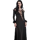 MEOWCOS Gothic Halloween Maxi Dress Vintage Queen Vampire Witch Costumes Outfit Sheer Lace Crow Style Dress