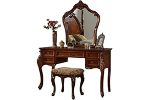 Mid Century Antique Makeup Vanity 39in with Floral Carved Legs,Retro Mirror & 5 Drawers, Solid Wood Vanity with Padded Stool 