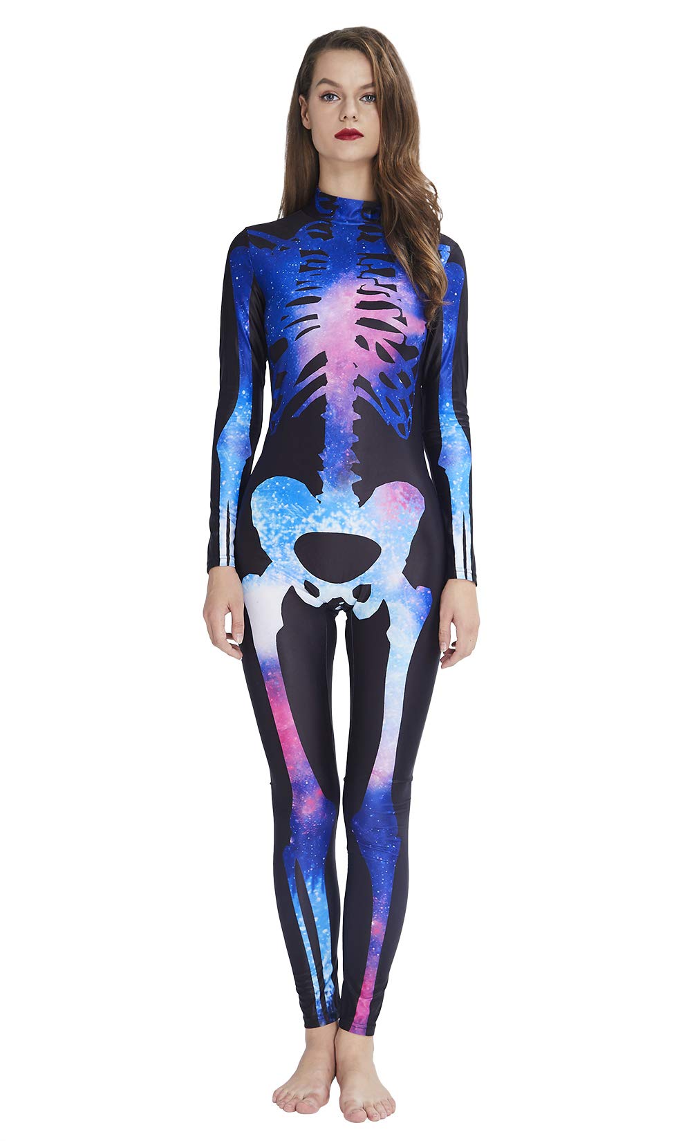 RAISEVERN 3D Galaxy Starry Snazzy Zombie Hallowmas Skull Costume Novelty Cosplay Zip Up Onesies Skeleton Bodysuit Outfit Catsuit Romper Glow in The Dark