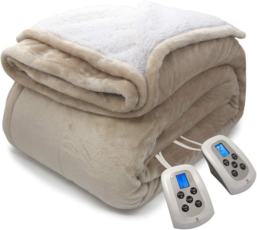 MARQUESS Electric Blanket Throw,Flannel Sherpa Washable and Comfortable Heated Blanket with 4 Settings, Safety 10 Hours Auto-Off &Dual Temperature Dual Control by One Blanket(King, Linen): Kitchen & Dining
