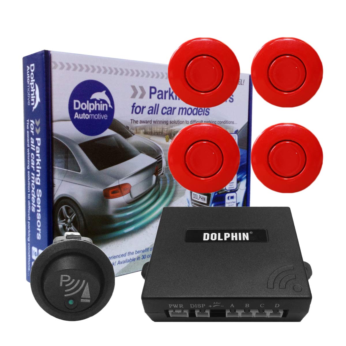 Dolphin Automotive Car Van Front Parking Sensors With Longer 6m Leads and Parking Switch in 32 Coloured Options UK (Red)