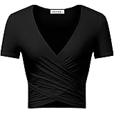 VETIOR Women's Sexy Deep V Neck Short Sleeve Unique Slim Fit Cross Wrap Shirts Crop Tops Going Out Tops