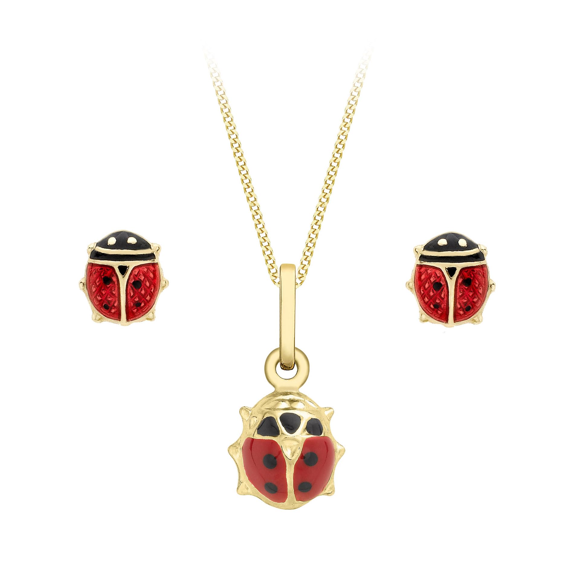 CARISSIMA Women's 9ct Yellow Gold Ladybird Earrings and Pendant on Curb Chain Necklace of Set 40cm/16