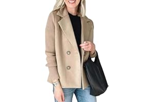 ebossy Women's Double Breasted Wool Pea Coat Notched Lapel Ribbed Knit Long Sleeve Sweater Short Blazer Jacket