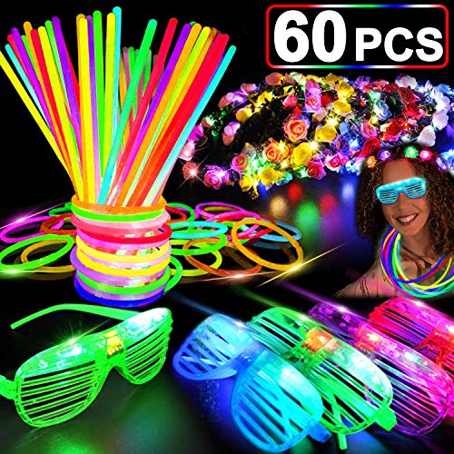 60 PCS Glow in the Dark Party Supplies Glow Sticks Bulk 2020 New Year LED Party Favor Light Up Toys Kid/Adults 50 Glow Sticks Necklaces Bracelets / 5 Light Up Glasses/ 5 Led Flower Crown