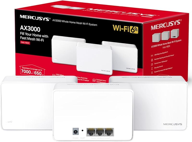 MERCUSYS Halo H80X WiFi 6 Mesh System 3-Pack AX3000Mbps 7000 sq ft Gigabit Ports