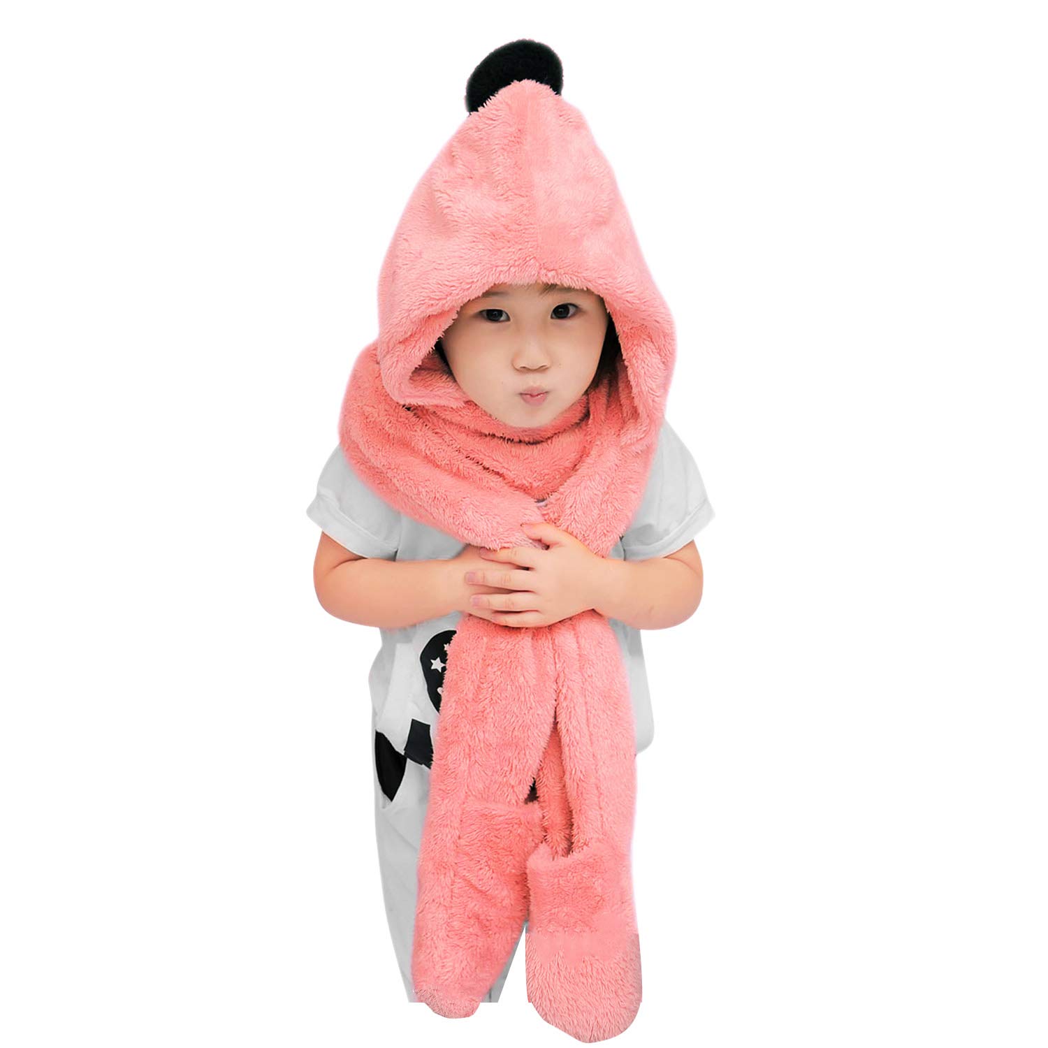 3-In-1 Kids Boys Girls Thermal Hat Scarf Gloves Set Children Hoodie Hat Hooded Scarf with Mittens Pockets Soft Fluffy Long Plush Scarves Wrap Neck Warmer with Pompom Bobble Christmas Birthday Gift