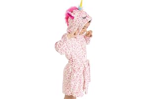 ACTLATI Girls Robe Kids Hooded Bathrobe Unicorn Rainbow Star Leopard Toddler Bath Robe Warm Fuzzy Bathrobes Age 3-12