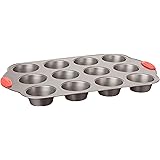 Amazon Basics Non-Stick 12-Cup Muffin Pan, Gray with Red Grips